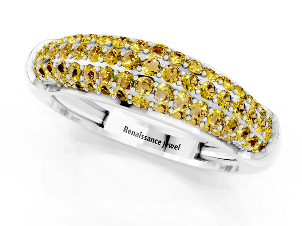 White gold Three-Row Pavé Round Yellow Sapphire Dome Band