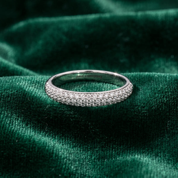 White gold Three-Row Pave Round Diamond Eternity Band with Shared Prong Setting