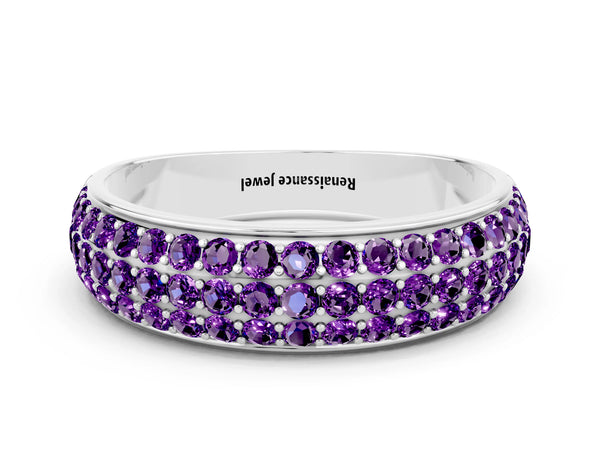 Platinum Round Amethyst Three Row Pave Half Eternity Wedding Band