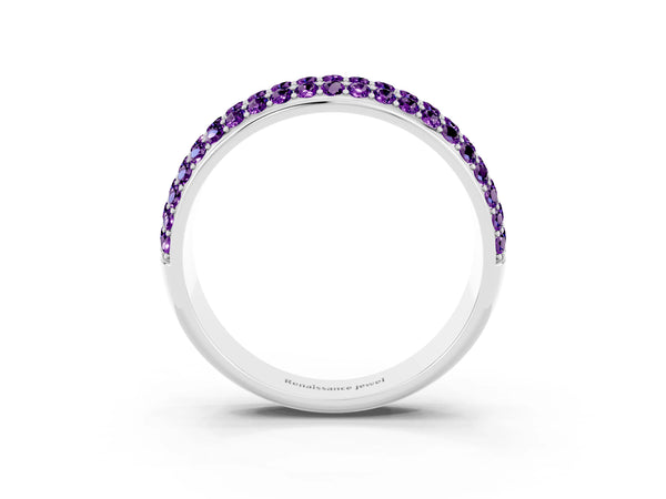Platinum Round Amethyst Three Row Pave Half Eternity Wedding Band