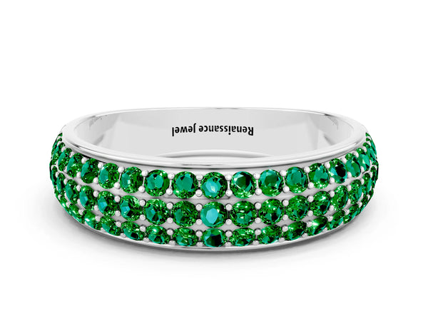 Platinum Round Lab-Grown Emerald Three Row Pave Half Eternity Wedding Band