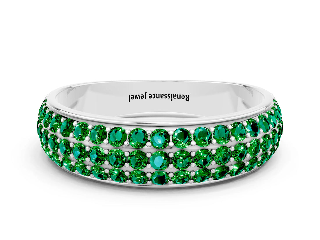 White gold Three-Row Round Emerald Eternity Band with Shared Prong Setting_6