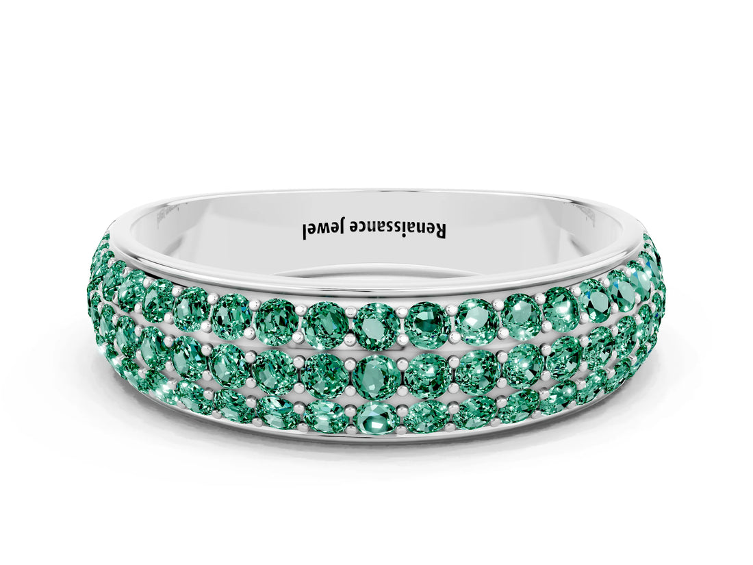White gold Three-Row Round Green Sapphire Eternity Band with Shared Prong Setting_6
