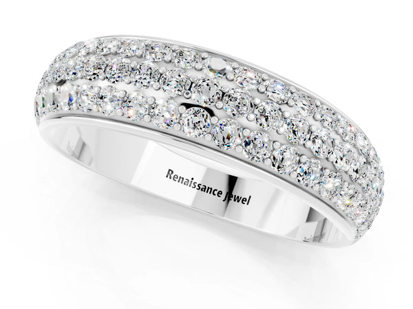Platinum Round Moissanite Three Row Pave Half Eternity Wedding Band