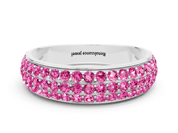 Platinum Round Lab-Grown Pink Sapphire Three Row Pave Half Eternity Wedding Band