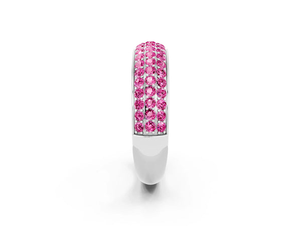 Platinum Round Lab-Grown Pink Sapphire Three Row Pave Half Eternity Wedding Band