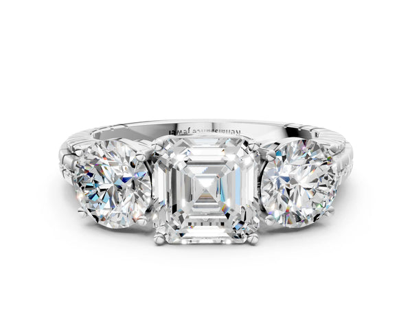 Platinum Round Three-Stone Engagement Ring Setting with Engraved Notched Band