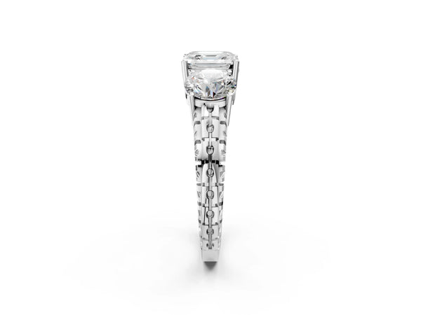 White Gold Asscher Cut Three-Stone Engagement Ring Setting with Engraved Notched Band