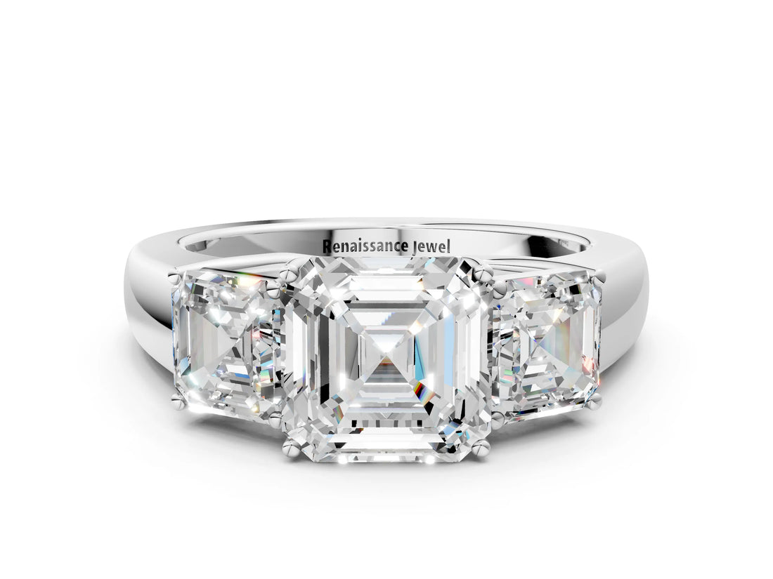 White gold Three-Stone Asscher Cut Cut Diamond Ring with Prong Setting and Classic Band_3