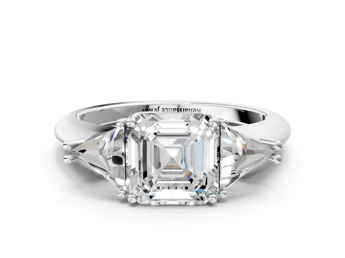 White gold Three-Stone Asscher Cut Cut Diamond Ring with Trillion Side Stones and Four-Prong Setting_15