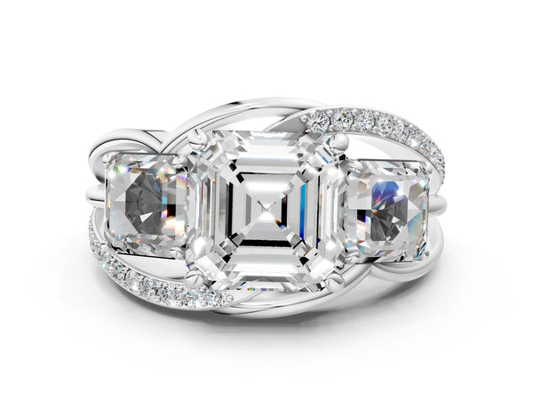 White Gold Asscher Cut Three Stone Engagement Ring Setting with Matching Sides and Pave Split Shank