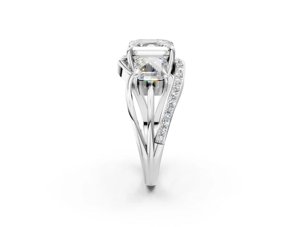White Gold Asscher Cut Three Stone Engagement Ring Setting with Matching Sides and Pave Split Shank