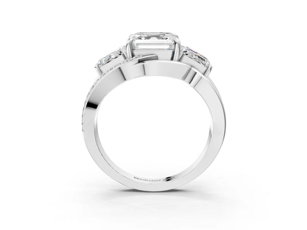 White Gold Asscher Cut Three Stone Engagement Ring Setting with Matching Sides and Pave Split Shank