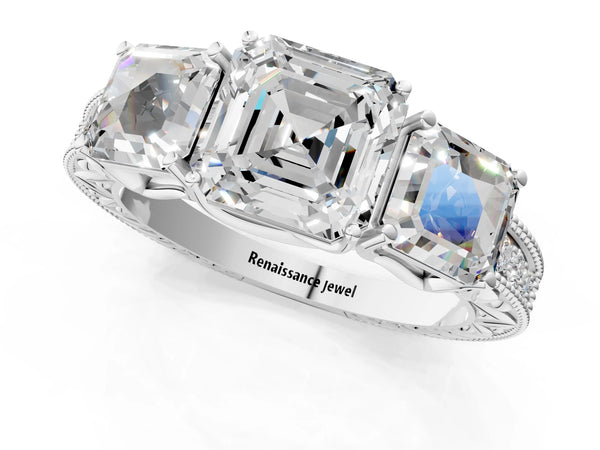 White Gold Asscher Cut Vintage Three Stone Engagement Ring Setting with Milgrain Pave Band