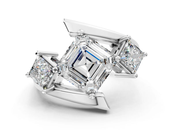 White gold Three-Stone Princess Cut Tension Band Ring with Four-Prong Setting