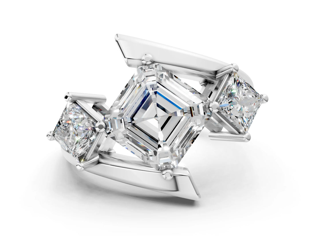 White gold Three-Stone Asscher Cut Cut Tension Band Ring with Four-Prong Setting_26