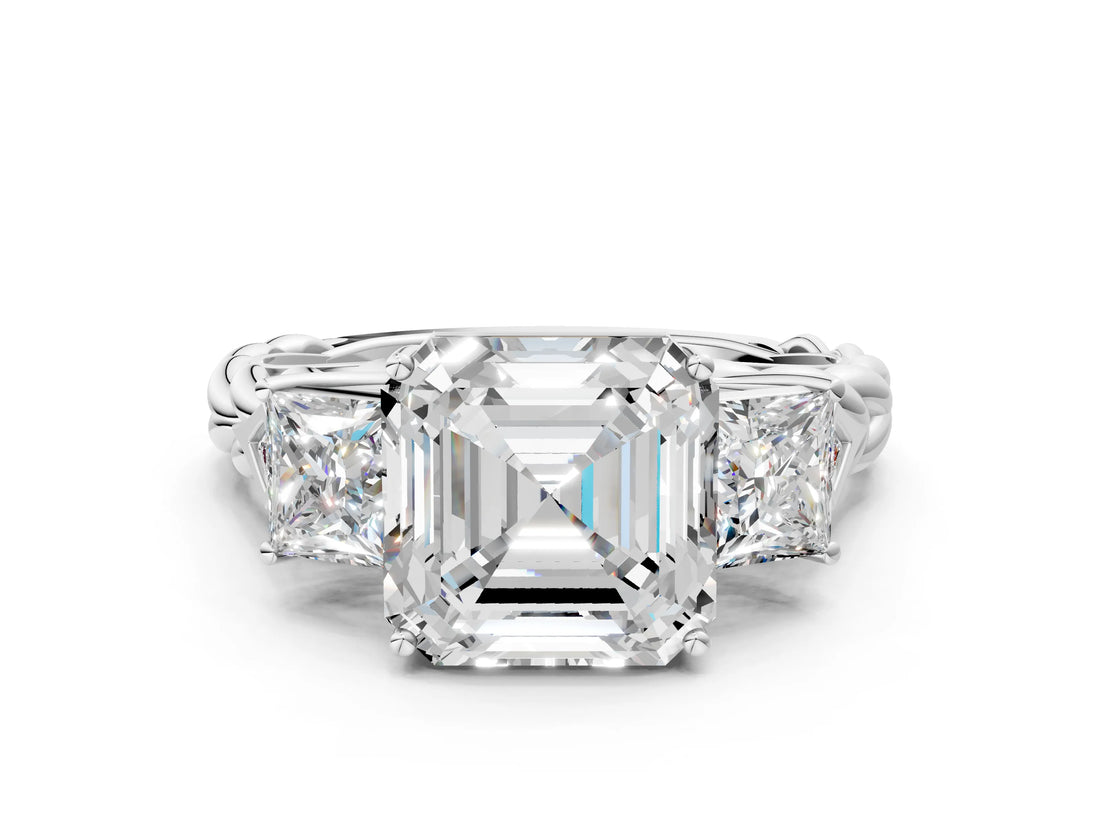 White gold Three-Stone Asscher Cut Diamond Braided Band Ring with Four-Prong Setting_64