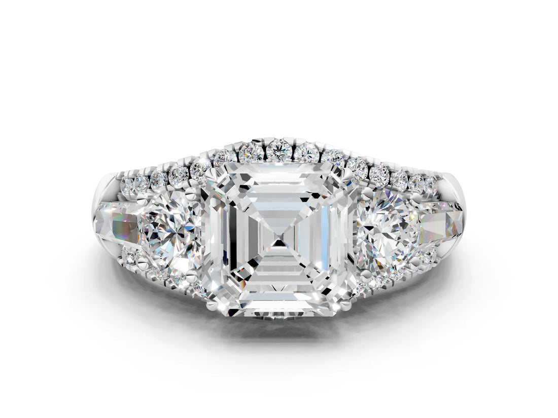 White gold Three-Stone Asscher Cut Diamond Engagement Ring with Pave Band and Prong Setting_18