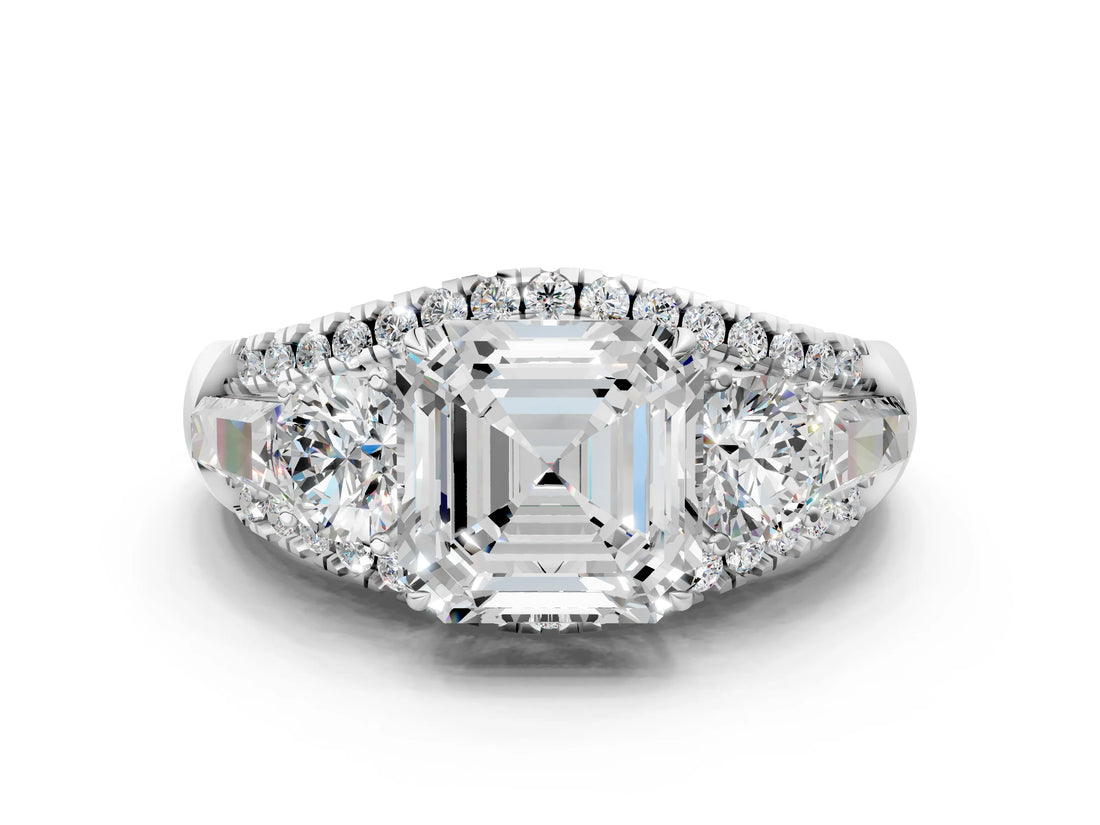 White gold Three-Stone Asscher Cut Diamond Engagement Ring with Pave Band and Prong Setting_6