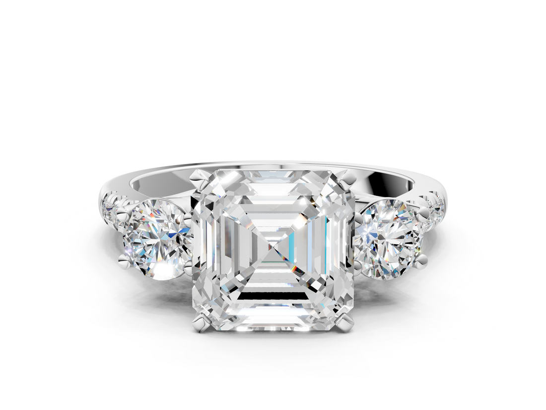 White gold Three-Stone Asscher Cut Diamond Pavé Band with Four-Prong Setting_7