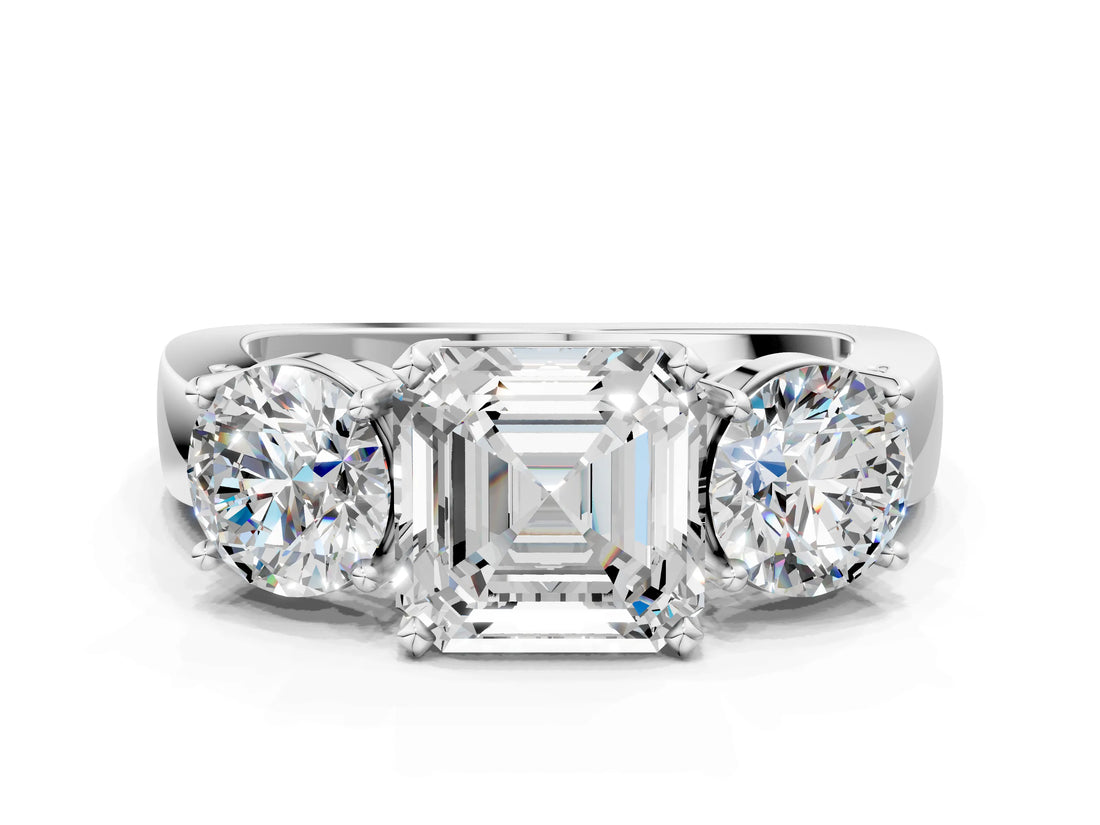 White gold Three-Stone Asscher Cut Diamond Ring with Round Side Stones, Classic Band, and Four-Prong Setting_7