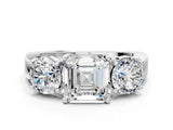 White gold Three-Stone Asscher Cut Diamond Ring with Round Side Stones, Classic Band, and Four-Prong Setting_7
