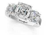 White gold Three-Stone Asscher Cut Diamond Ring with Round Side Stones, Classic Band, and Four-Prong Setting_8