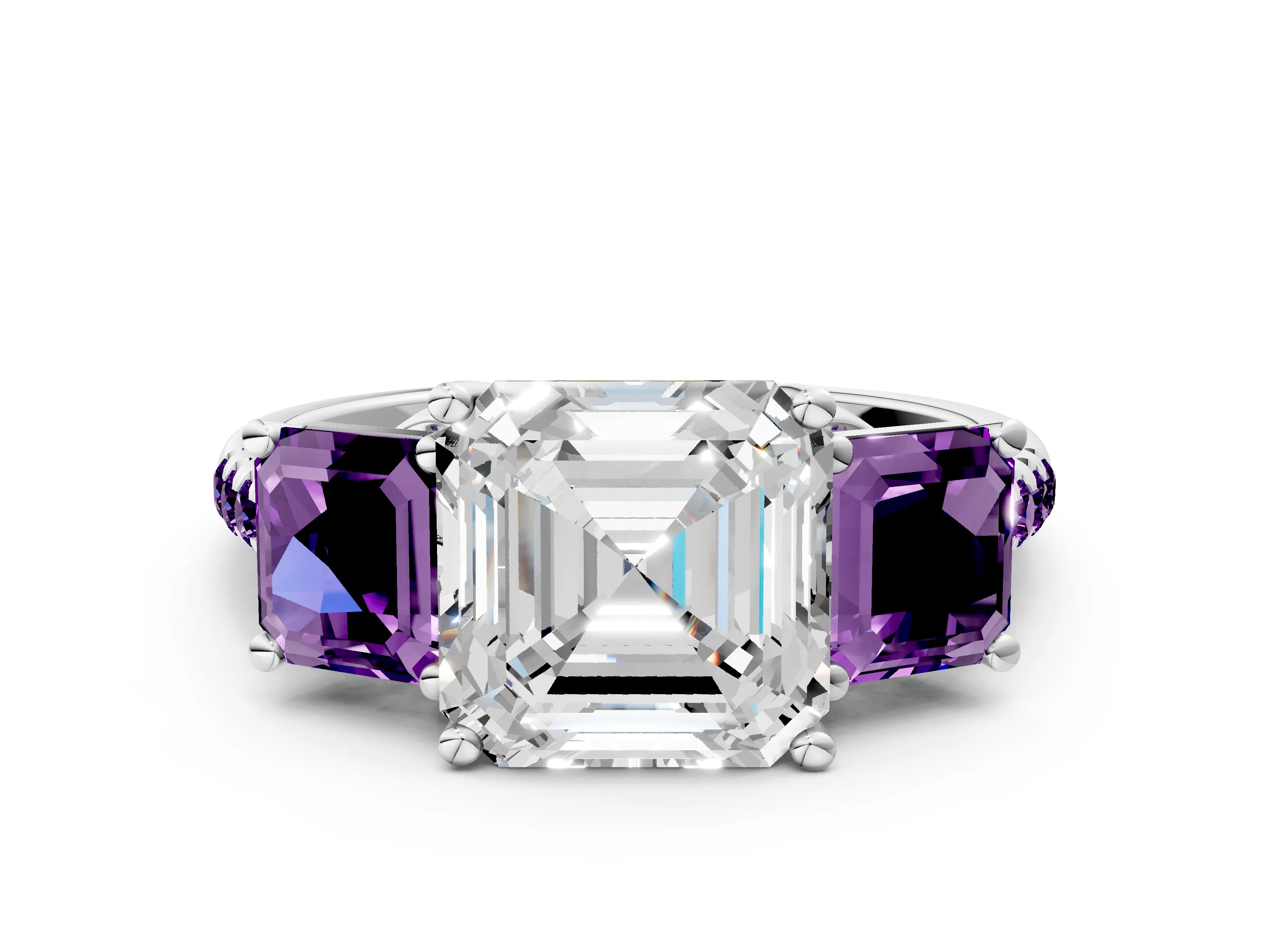 White gold Three-Stone Asscher Cut Diamond Ring with Round with Amethyst side stone Pavé Band and Prong Setting_12