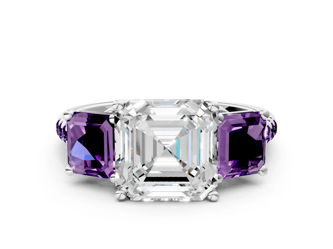 White gold Three-Stone Asscher Cut Diamond Ring with Round with Amethyst side stone Pavé Band and Prong Setting_12