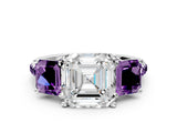 White gold Three-Stone Asscher Cut Diamond Ring with Round with Amethyst side stone Pavé Band and Prong Setting_12