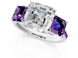 White gold Three-Stone Asscher Cut Diamond Ring with Round with Amethyst side stone Pavé Band and Prong Setting_13