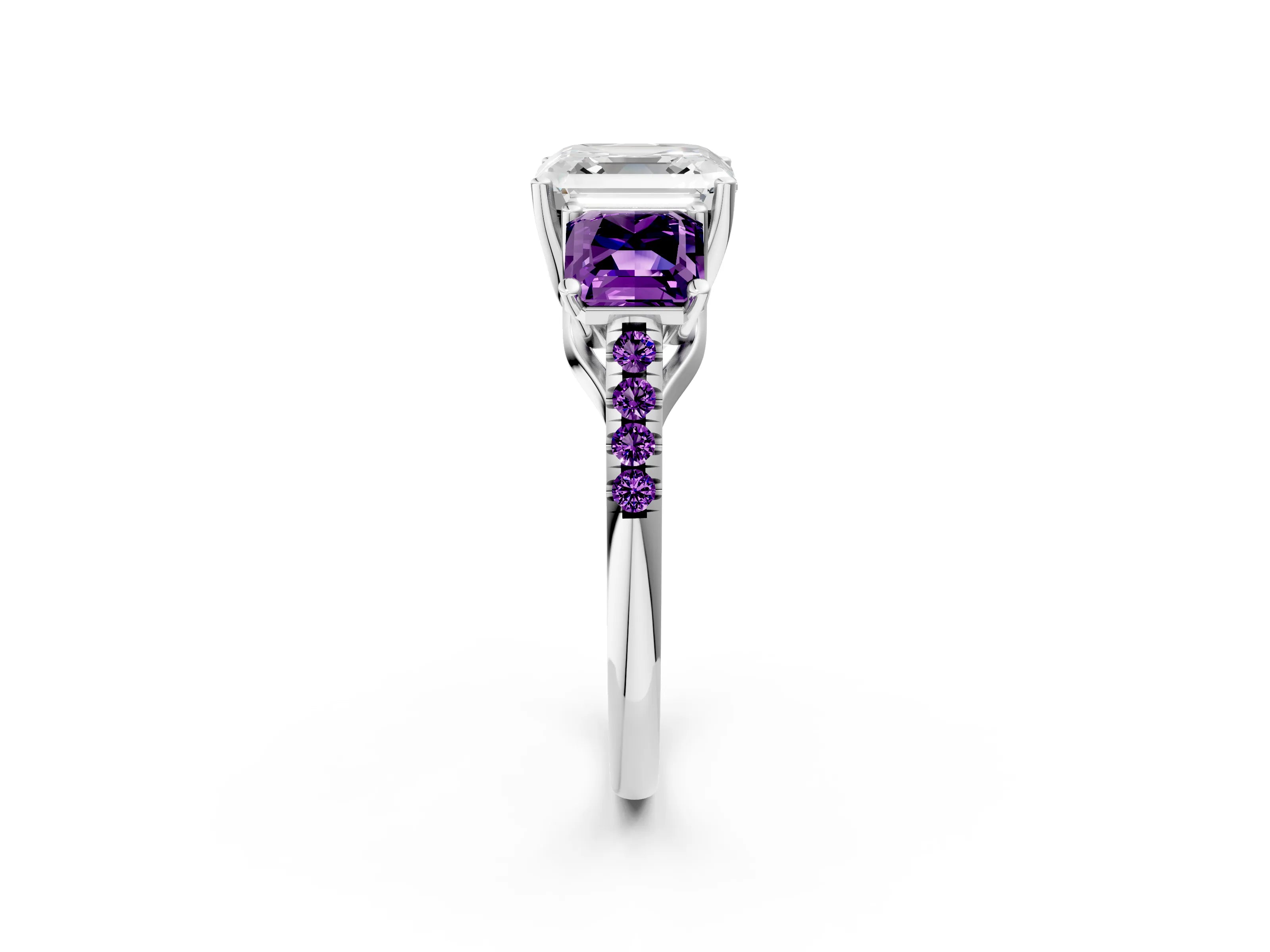 White gold Three-Stone Asscher Cut Diamond Ring with Round with Amethyst side stone Pavé Band and Prong Setting_14