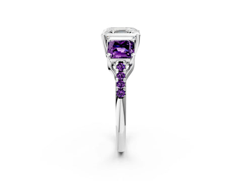 White gold Three-Stone Asscher Cut Diamond Ring with Round with Amethyst side stone Pavé Band and Prong Setting_14