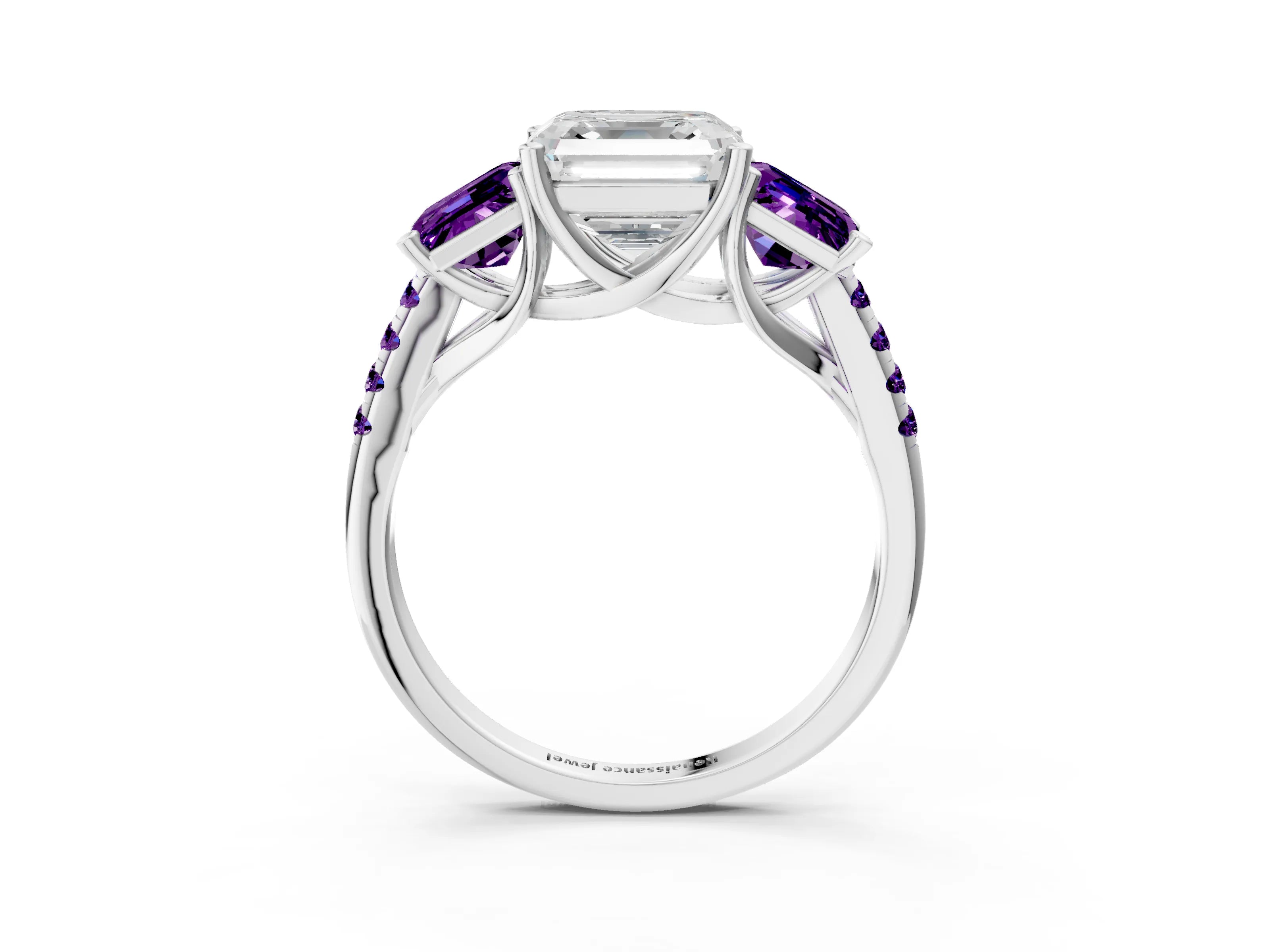 White gold Three-Stone Asscher Cut Diamond Ring with Round with Amethyst side stone Pavé Band and Prong Setting_15