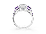 White gold Three-Stone Asscher Cut Diamond Ring with Round with Amethyst side stone Pavé Band and Prong Setting_15