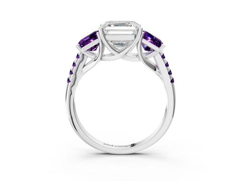 White gold Three-Stone Asscher Cut Diamond Ring with Round with Amethyst side stone Pavé Band and Prong Setting_15