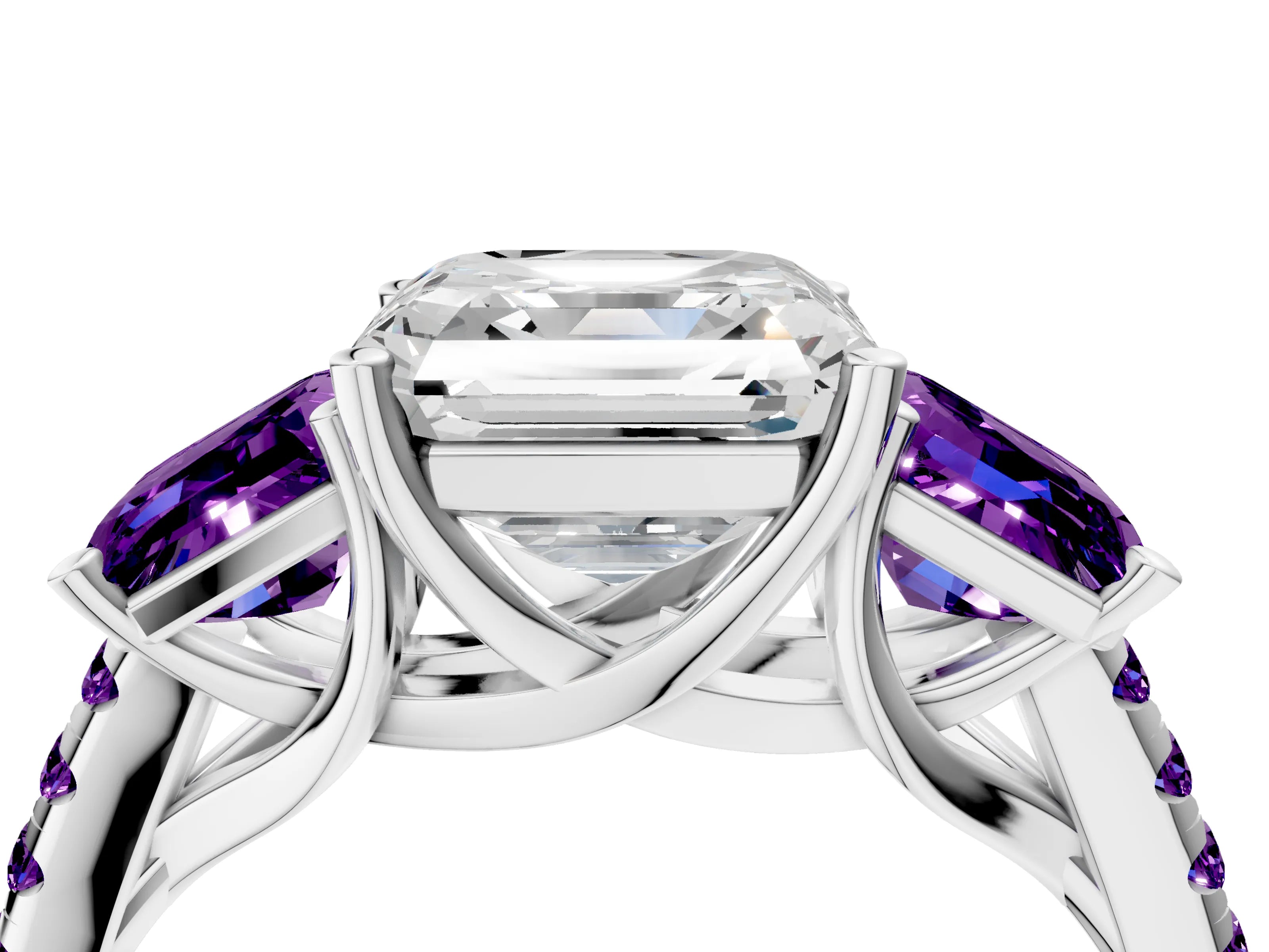 White gold Three-Stone Asscher Cut Diamond Ring with Round with Amethyst side stone Pavé Band and Prong Setting_16