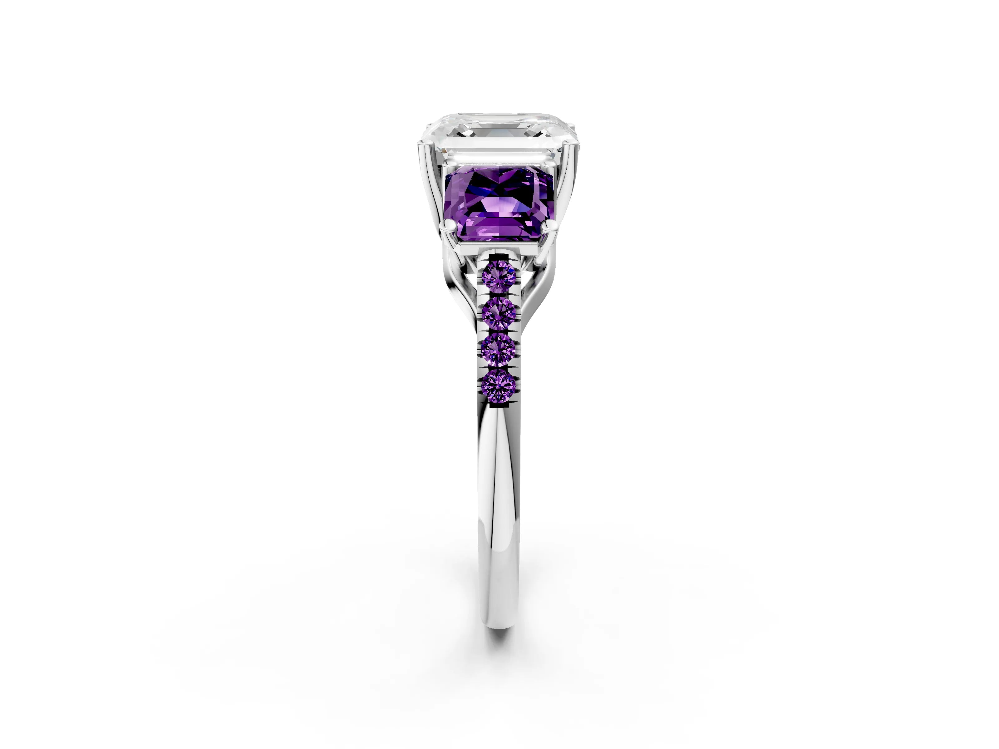 White gold Three-Stone Asscher Cut Diamond Ring with Round with Amethyst side stone Pavé Band and Prong Setting_2