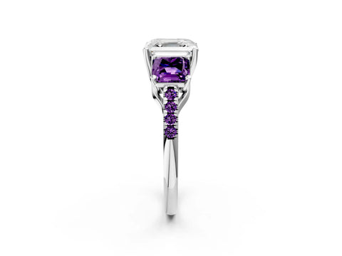 White gold Three-Stone Asscher Cut Diamond Ring with Round with Amethyst side stone Pavé Band and Prong Setting_2