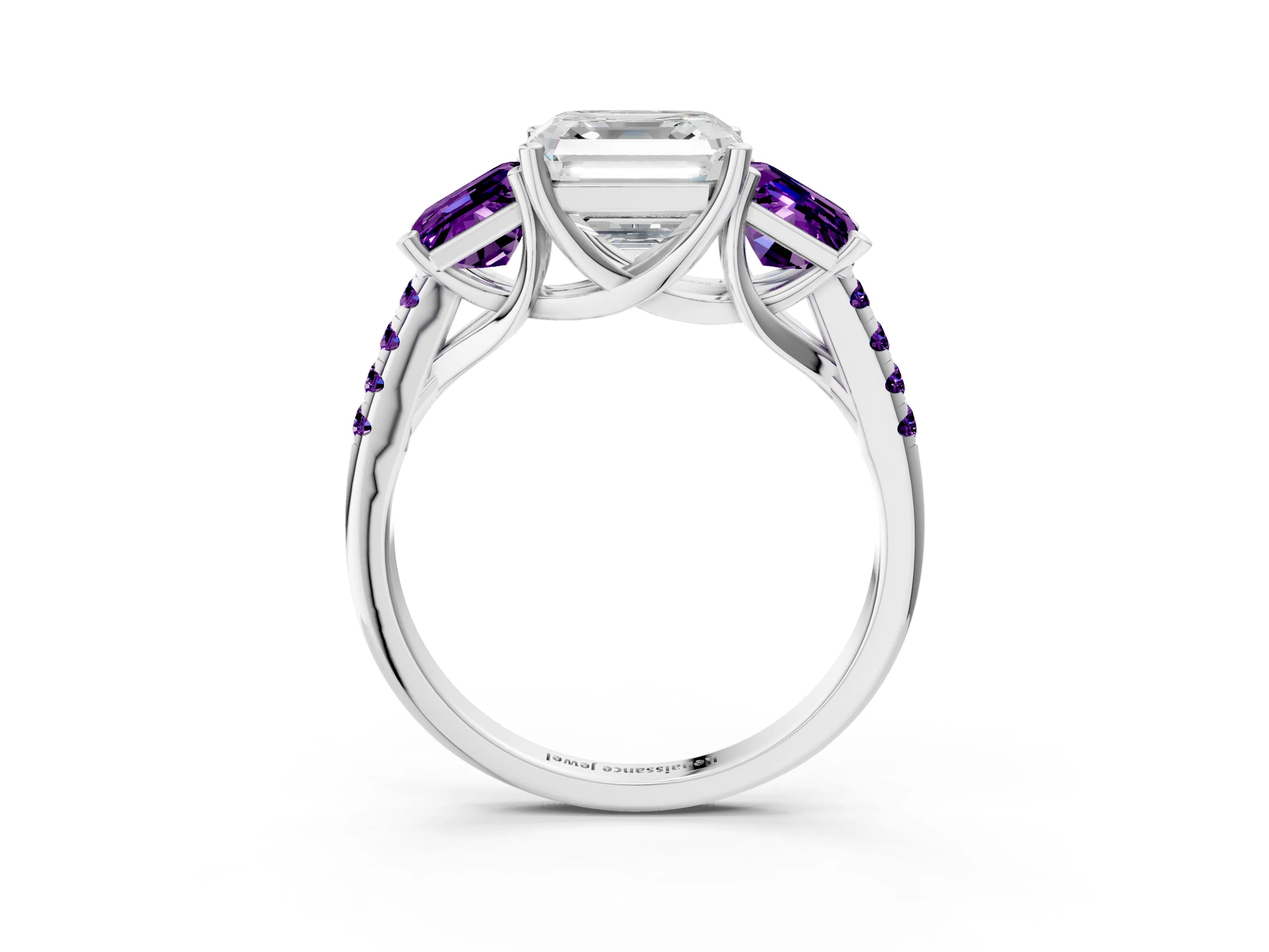 White gold Three-Stone Asscher Cut Diamond Ring with Round with Amethyst side stone Pavé Band and Prong Setting_3