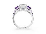 White gold Three-Stone Asscher Cut Diamond Ring with Round with Amethyst side stone Pavé Band and Prong Setting_3