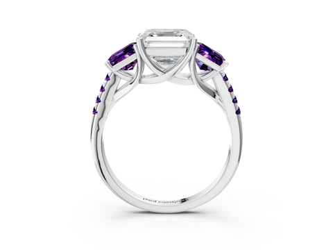 White gold Three-Stone Asscher Cut Diamond Ring with Round with Amethyst side stone Pavé Band and Prong Setting_3