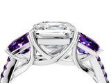 White gold Three-Stone Asscher Cut Diamond Ring with Round with Amethyst side stone Pavé Band and Prong Setting_4