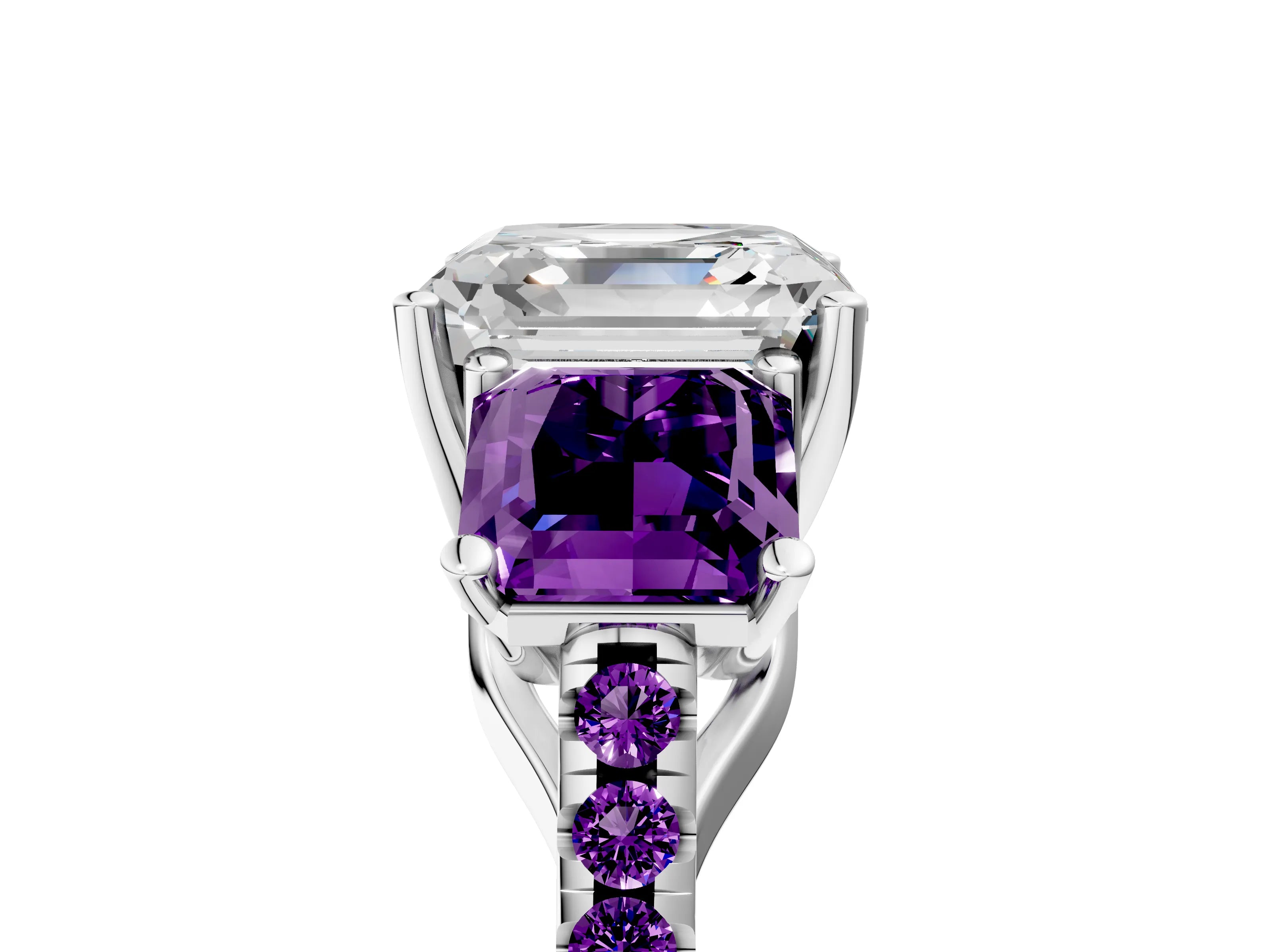 White gold Three-Stone Asscher Cut Diamond Ring with Round with Amethyst side stone Pavé Band and Prong Setting_5