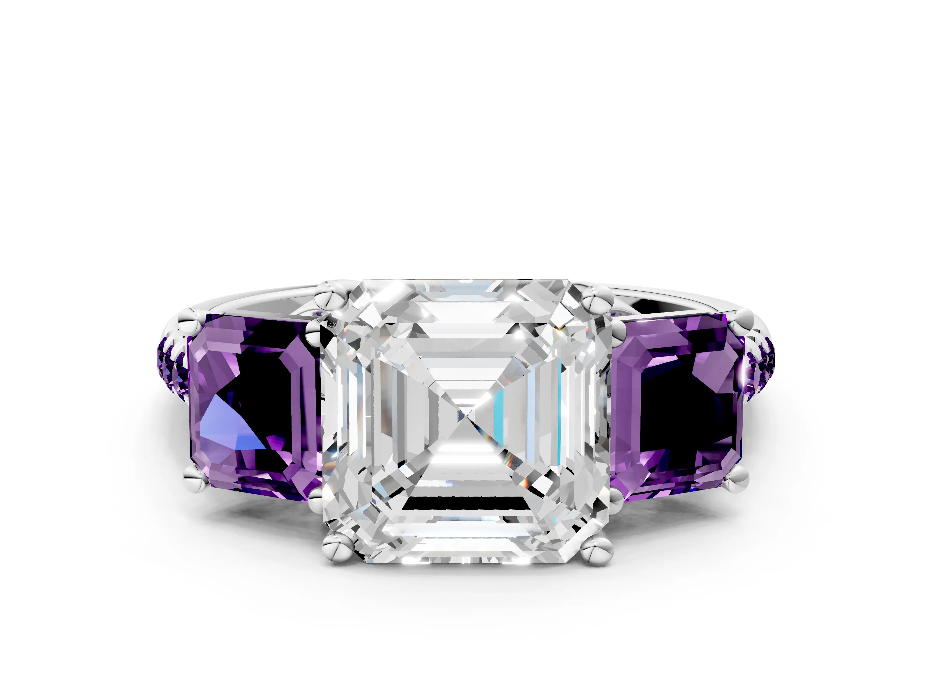 White gold Three-Stone Asscher Cut Diamond Ring with Round with Amethyst side stone Pavé Band and Prong Setting