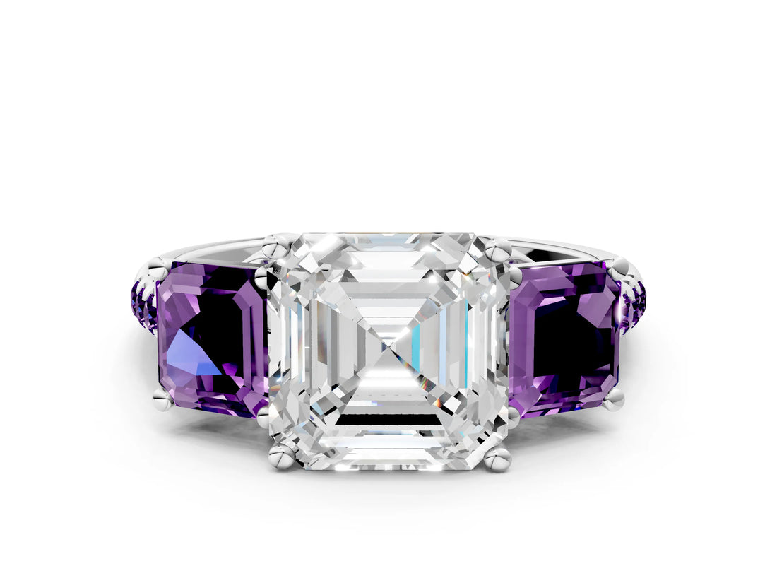 White gold Three-Stone Asscher Cut Diamond Ring with Round with Amethyst side stone Pavé Band and Prong Setting