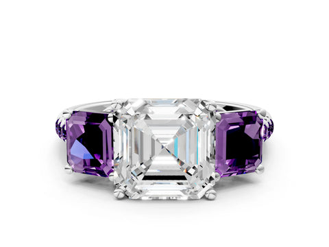 White gold Three-Stone Asscher Cut Diamond Ring with Round with Amethyst side stone Pavé Band and Prong Setting