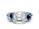 White gold Three-Stone Asscher Cut Diamond Ring with Round with Aquamarine side stone Pavé Band and Prong Setting_12