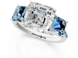 White gold Three-Stone Asscher Cut Diamond Ring with Round with Aquamarine side stone Pavé Band and Prong Setting_13