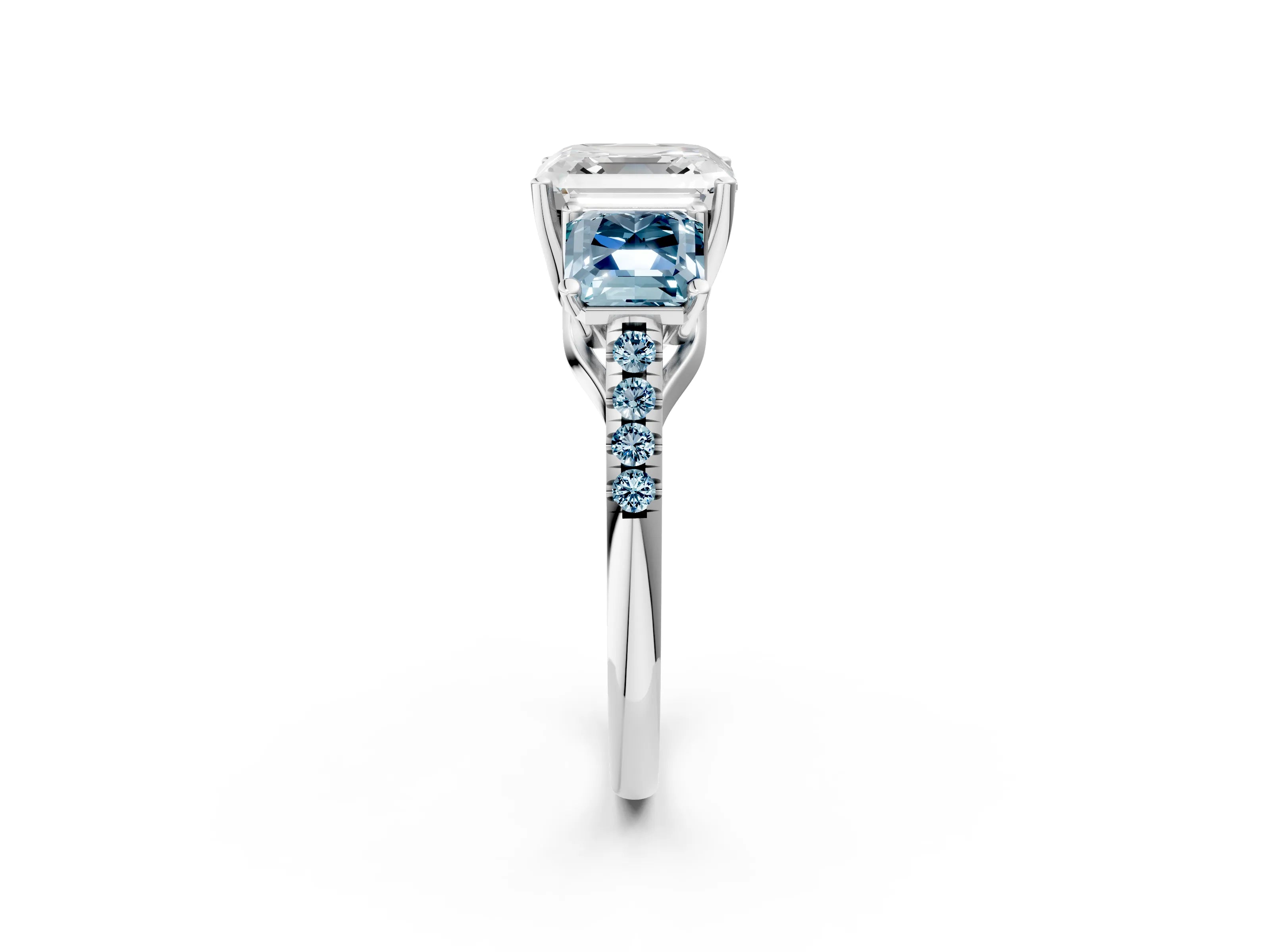 White gold Three-Stone Asscher Cut Diamond Ring with Round with Aquamarine side stone Pavé Band and Prong Setting_14